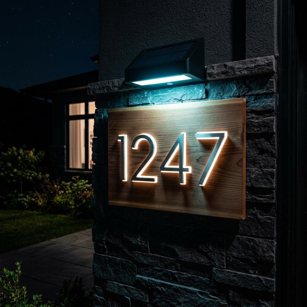 The Glow-Up — cedar plaque with solar-powered LED accent light illuminating house numbers at night